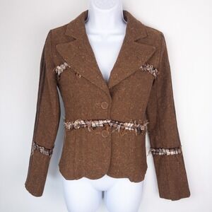 Coffee Shop Wool Plaid Blazer Jacket Womens S Brown Speckled‎ Fray Boho
